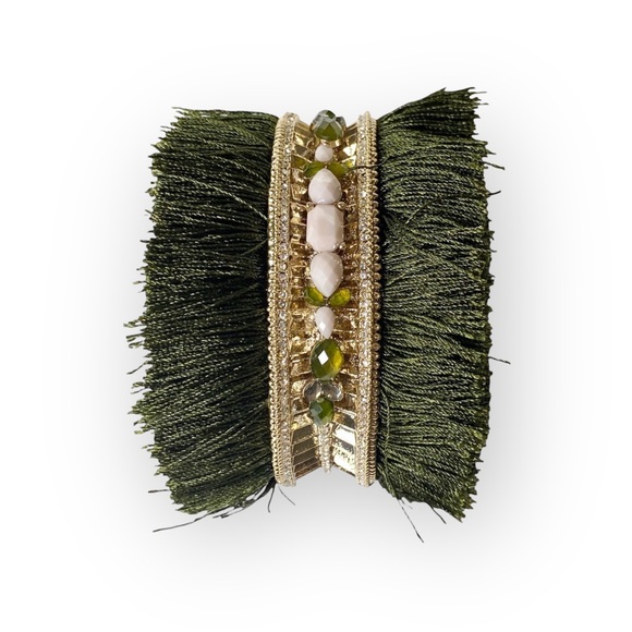 new Jenny Packham ❀ Chic Fringed Crystal Gemstones Cuff ❀ Gold + Olive Green ❀ - Picture 8 of 17